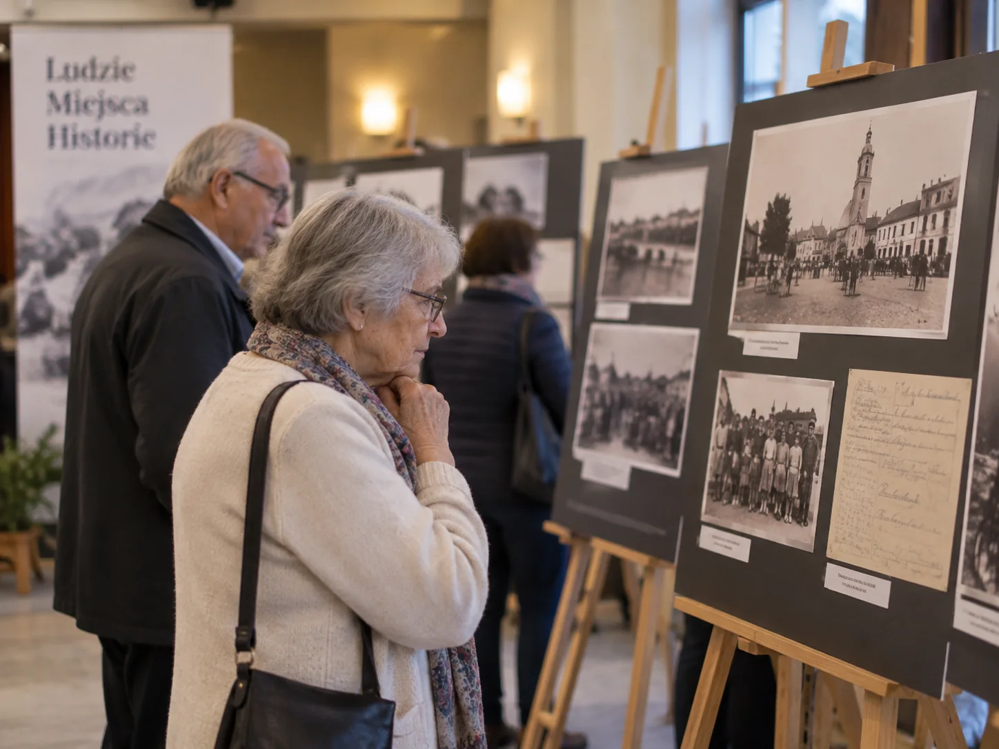 Osoby oglądające wystawę fotografii i dokumentów historycznych